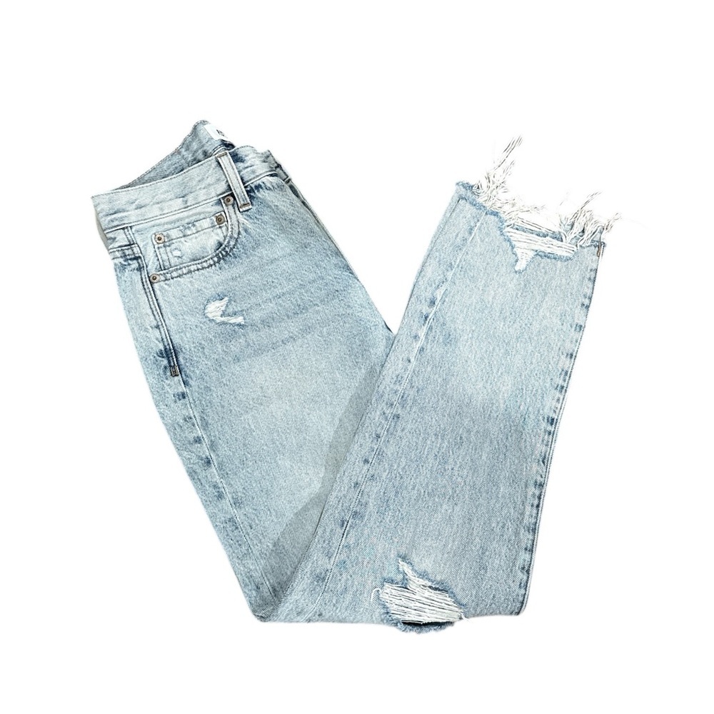 Pistola Blue Straight Leg Jeans with Distressed Hem